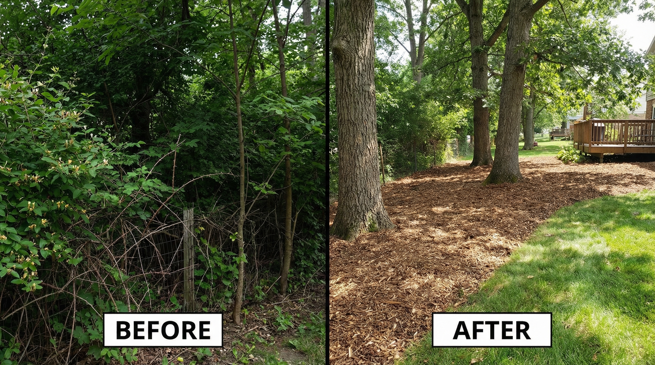 Before and after residential backyard clearing in Ohio