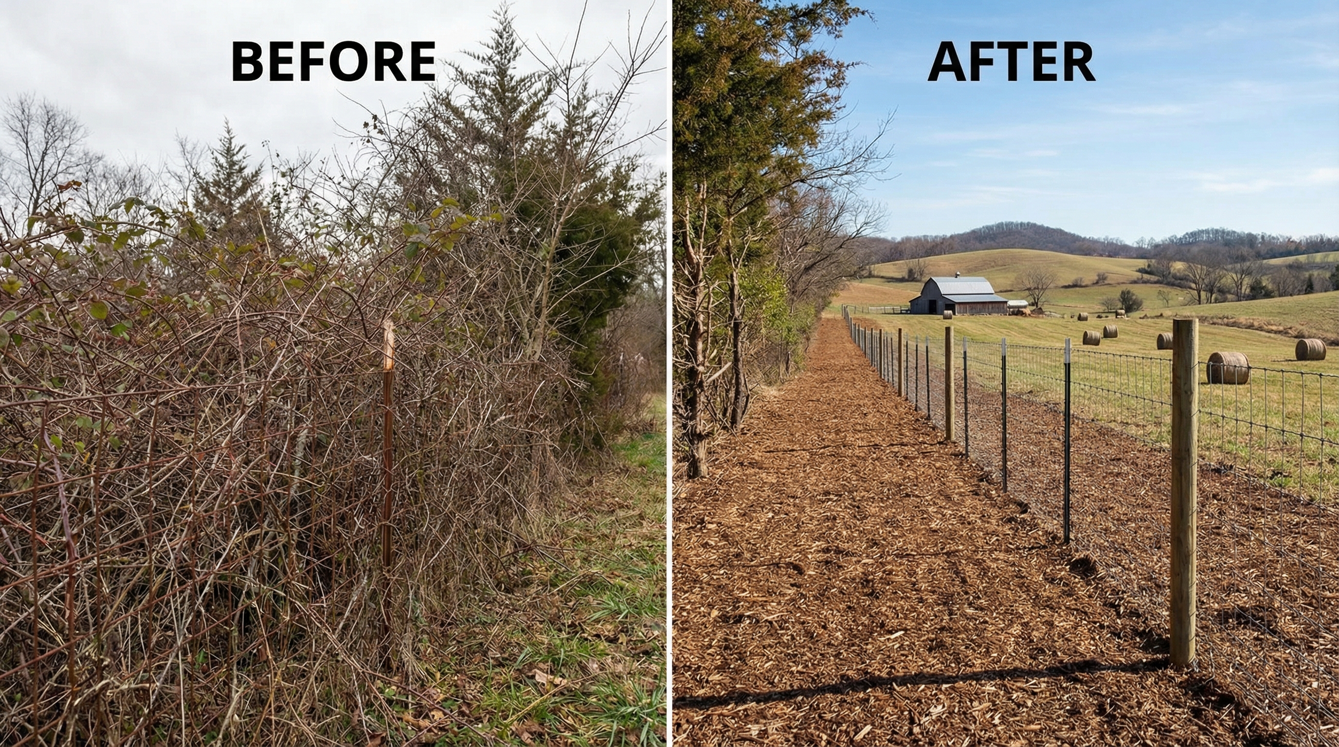 Before and after fence line clearing — boundary restored and visible