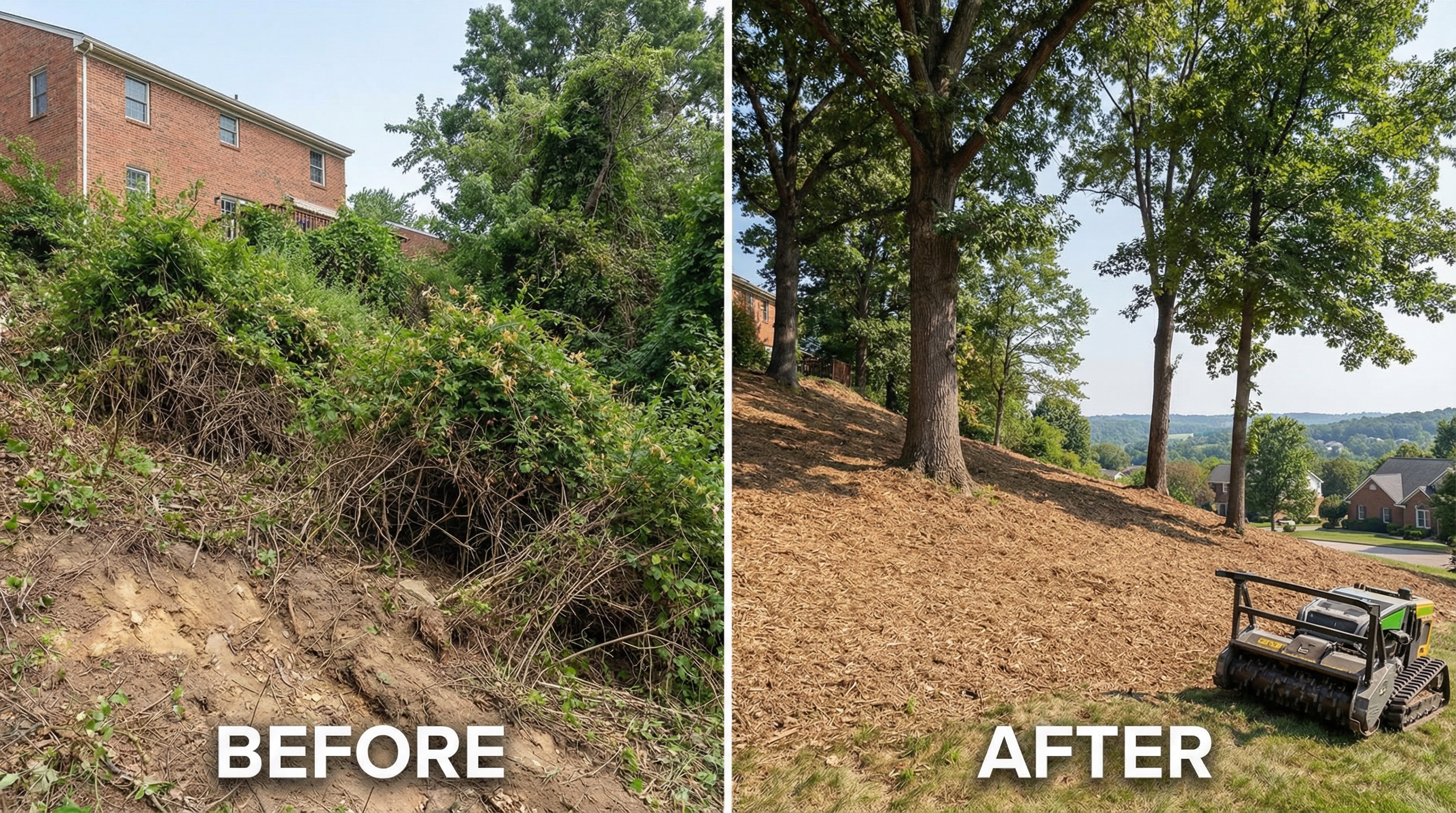Before and after steep hillside clearing with remote-controlled mulcher