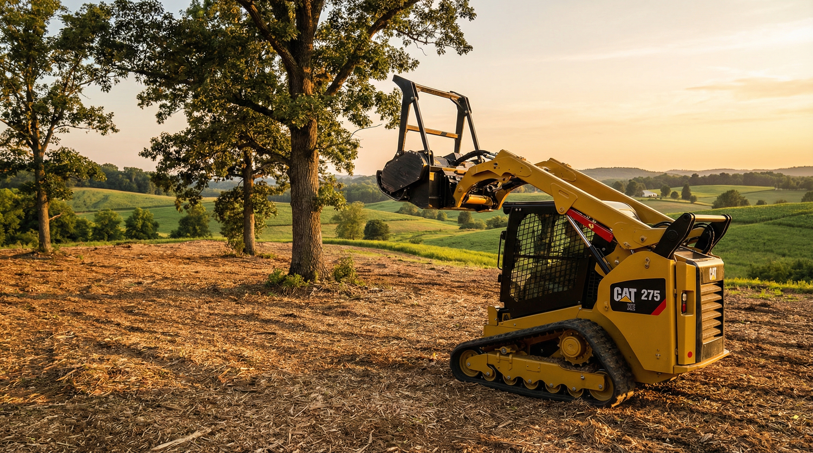 Cat 275 XE Land Management CTL with HM418 Mulcher on cleared Ohio property at sunset