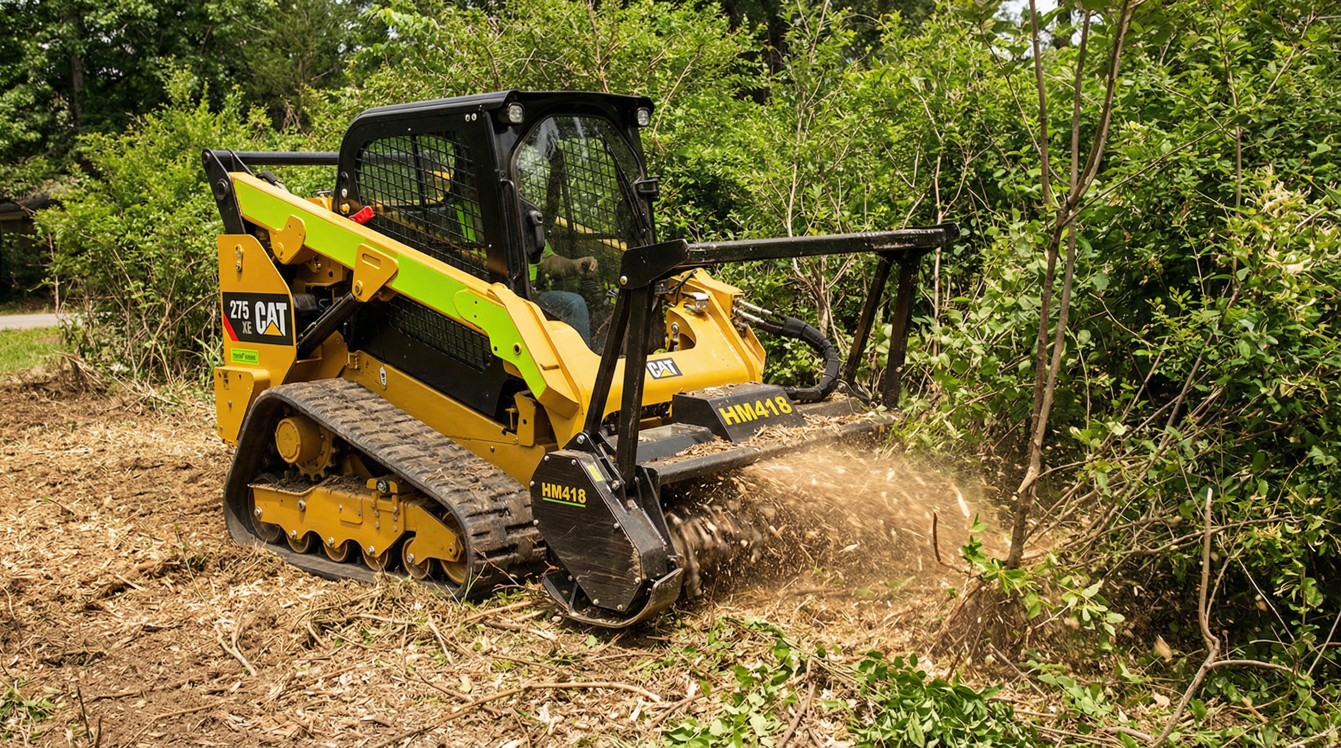 Cat 275 XE with HM418 mulcher in action — fixed per-acre pricing