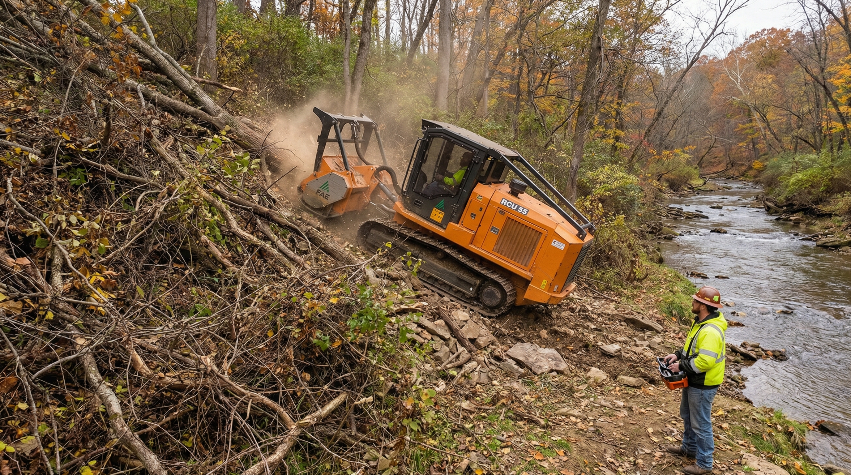 FAE RCU 55 remote-controlled mulcher clearing steep hillside with operator at safe distance