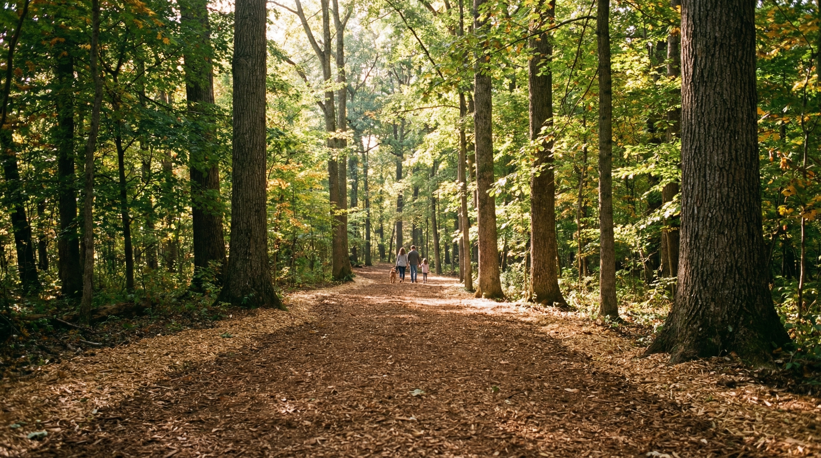 Family walking on mulched trail through Ohio hardwood forest