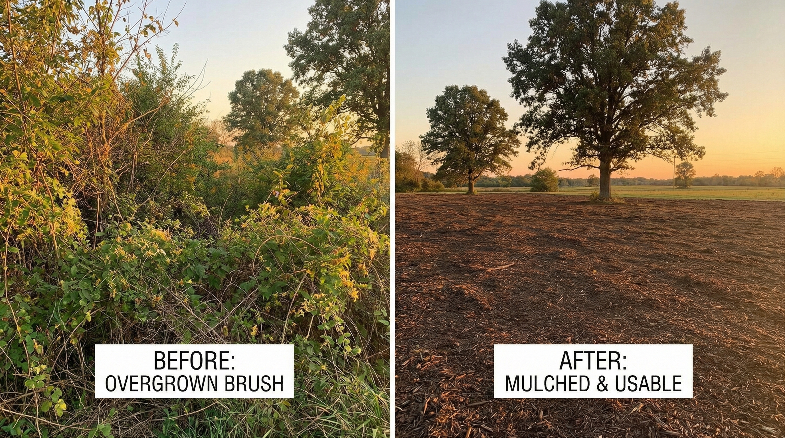 Before and after forestry mulching — overgrown brush to clean usable land