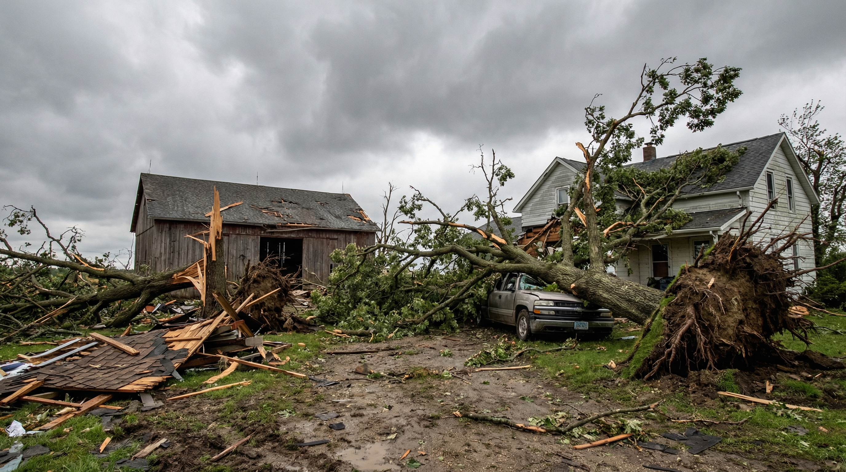 Storm damage aftermath with fallen trees on Ohio property
